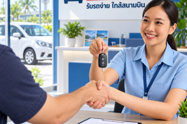 พนักงานต้นรถเช่าภูเก็ตส่งมอบกุญแจรถให้ลูกค้า ณ สำนักงานใกล้สนามบินภูเก็ต