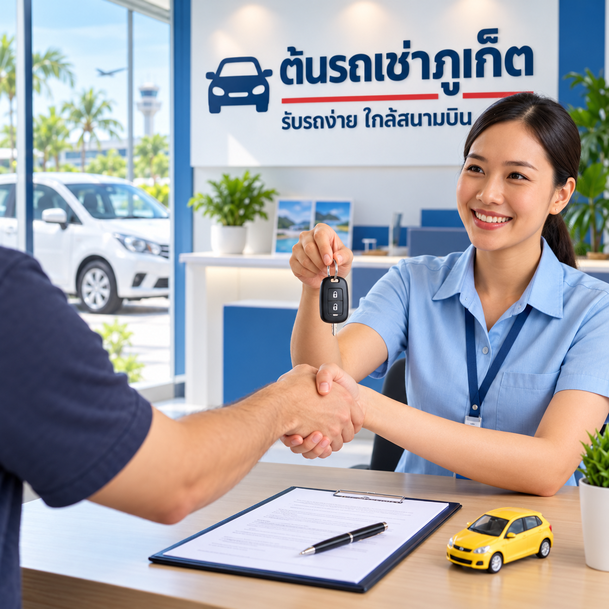 พนักงานต้นรถเช่าภูเก็ตส่งมอบกุญแจรถให้ลูกค้า ณ สำนักงานใกล้สนามบินภูเก็ต