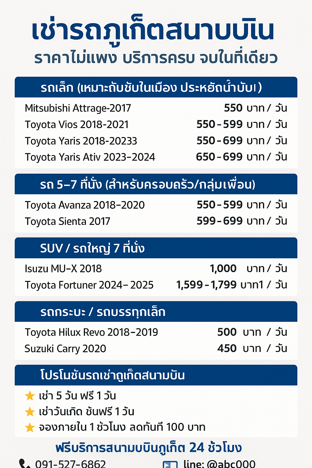 เช่ารถภูเก็ตสนามบิน ราคา “โปรโมชันเช่ารถภูเก็ตสนามบิน ราคาเริ่มต้น 400 บาท/วัน จากร้านต้นรถเช่าภูเก็ต บริการฟรีรับ–ส่งสนามบิน 24 ชั่วโมง ไม่มีมัดจำสำหรับลูกค้าที่มีไฟลต์บิน มีรถยนต์และมอเตอร์ไซค์ให้เลือกกว่า 100 คัน ติดต่อ 091-527-6862 หรือ Line: @abc000”