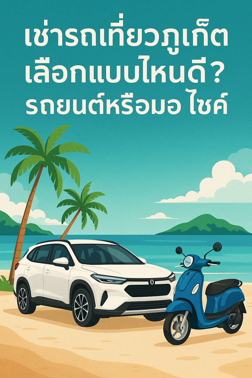 "โปสเตอร์เช่ารถเที่ยวภูเก็ต มีตัวอักษรไทยเขียนว่า 'เช่ารถเที่ยวภูเก็ต เลือกแบบไหนดี? รถยนต์หรือมอไซค์' พร้อมภาพประกอบรถยนต์สีขาวและมอเตอร์ไซค์สีฟ้า จอดอยู่ริมชายหาดที่มีต้นมะพร้าว ทะเล และเกาะด้านหลัง บรรยากาศสดใสสวยงาม"
