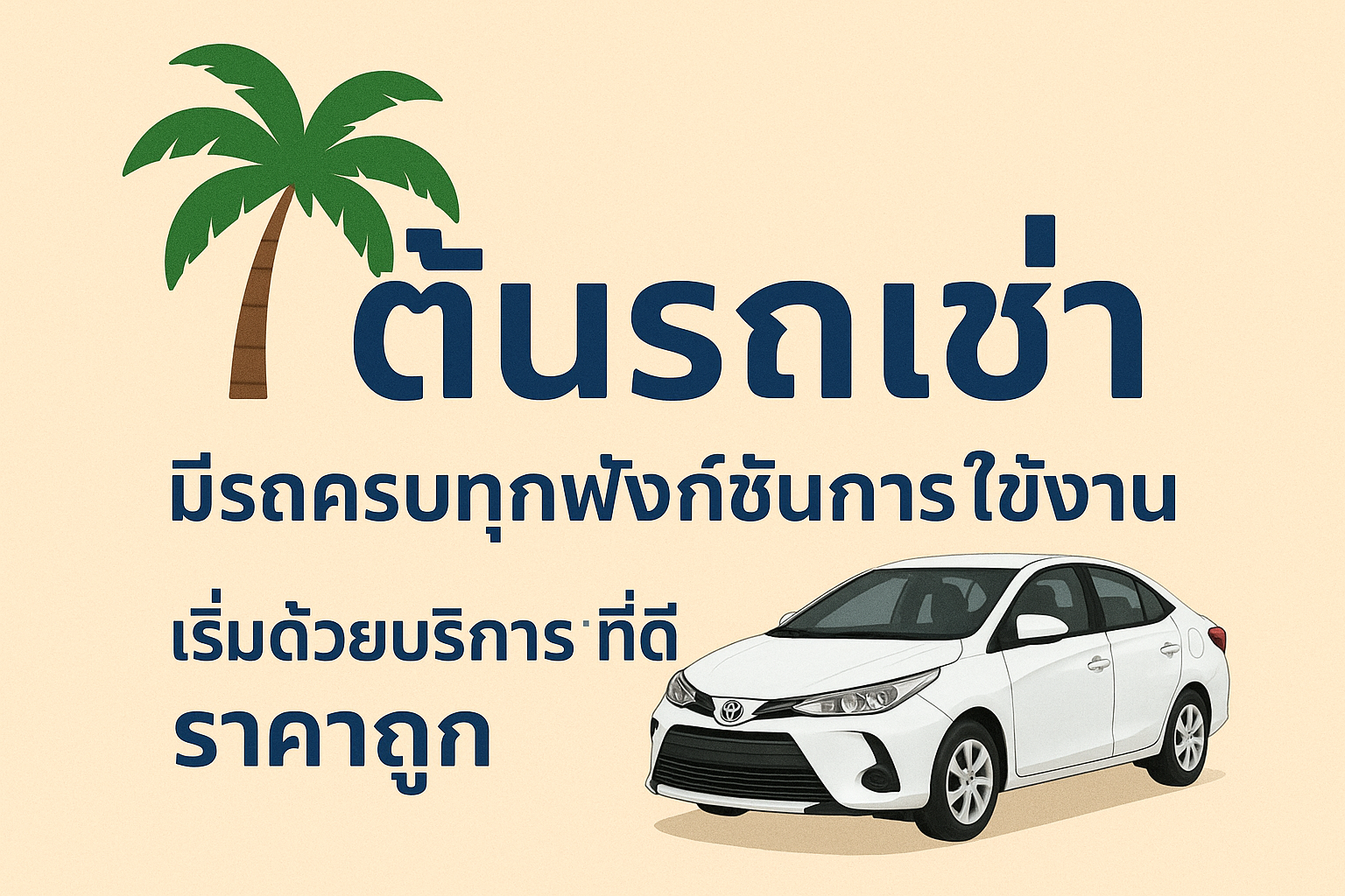 ภาพโฆษณา “ต้นรถเช่าภูเก็ต” มีโลโก้ต้นปาล์ม รถยนต์ Toyota Vios สีขาว และข้อความโปรโมต “มีรถครบทุกฟังก์ชันการใช้งาน เริ่มด้วยบริการที่ดี ราคาถูก