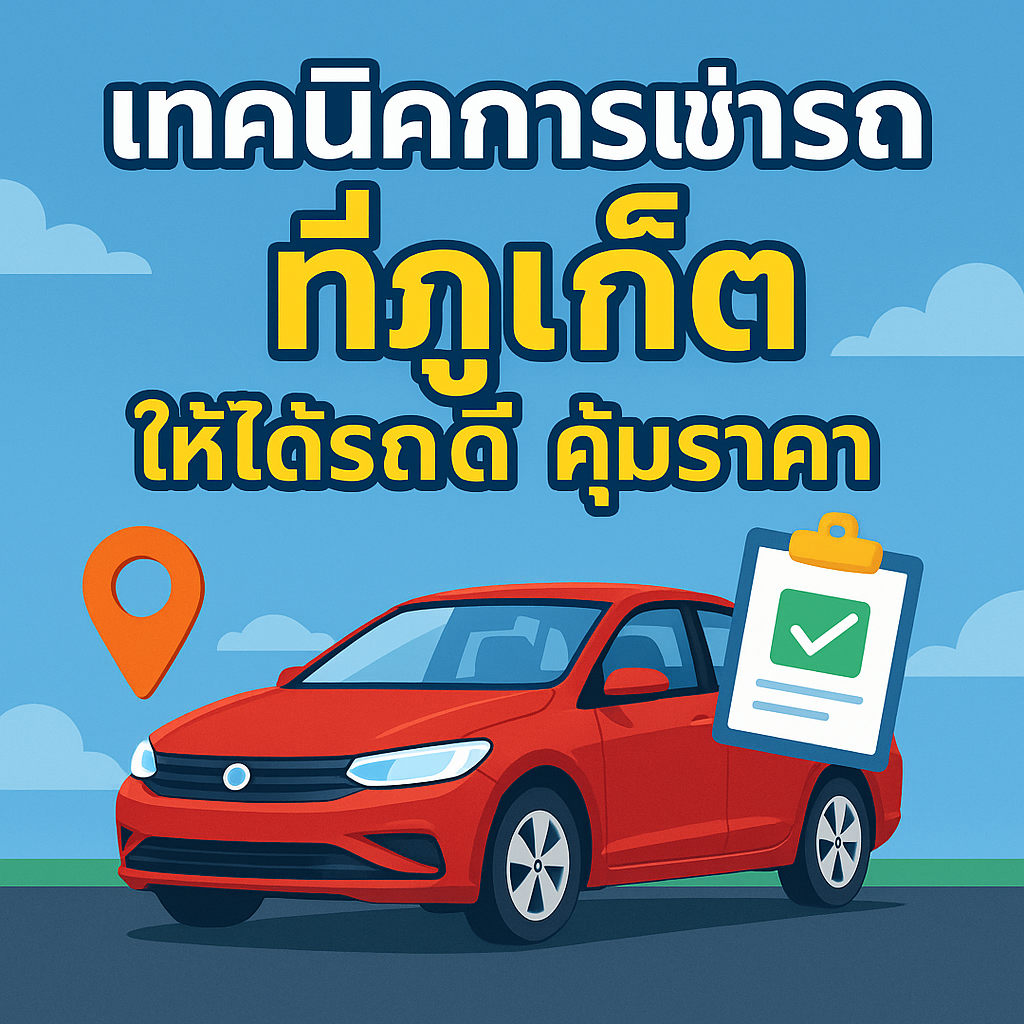 ภาพอินโฟกราฟิกหัวข้อ “เทคนิคการเช่ารถที่ภูเก็ตให้ได้รถดี คุ้มราคา” มีรถสีแดงจอดด้านหน้า พร้อมไอคอนปักหมุดและคลิปบอร์ด เชื่อมโยงถึงการท่องเที่ยวและการตรวจเช็ครถก่อนเช่า