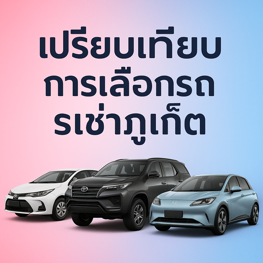 “ภาพโปรโมตบทความ เปรียบเทียบการเลือกรถเช่าภูเก็ต พร้อมรถยนต์ 3 รุ่น ได้แก่ รถเล็ก รถ SUV และรถไฟฟ้า บนพื้นหลังสีชมพู-ฟ้า”