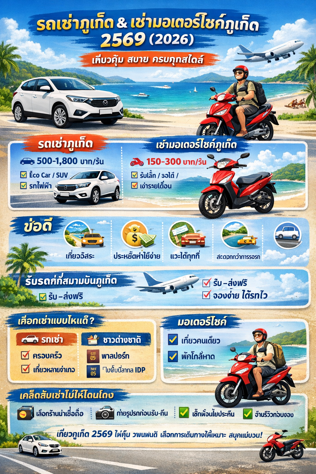 ภาพอินโฟกราฟิกรถเช่าภูเก็ตและเช่ามอเตอร์ไซค์ภูเก็ต ปี 2569 แสดงราคารถเช่า รถยนต์ รถไฟฟ้า และมอเตอร์ไซค์ พร้อมบรรยากาศทะเลและสนามบินภูเก็ต