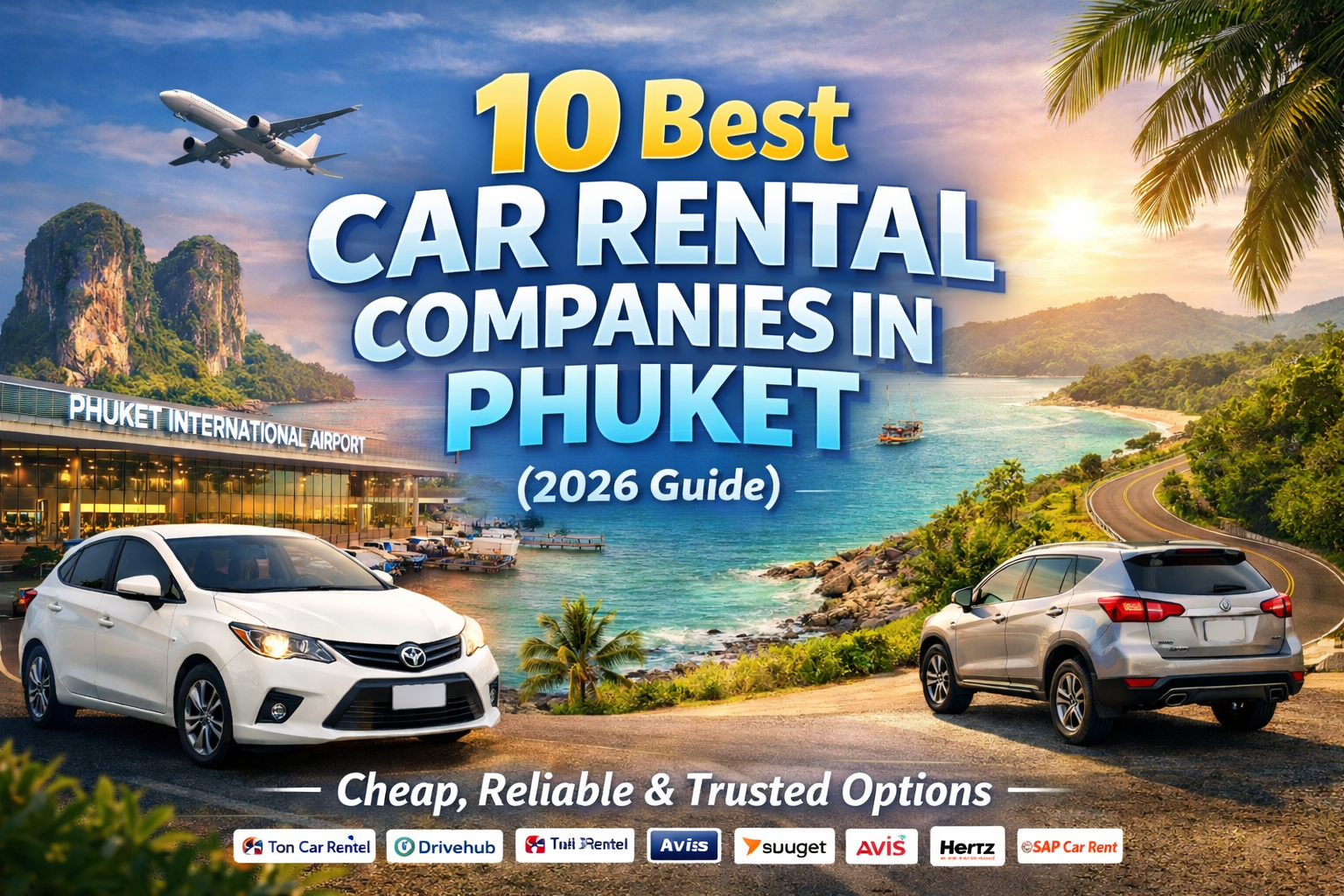 Cover image showing the 10 best car rental companies in Phuket for 2026, featuring rental cars, Phuket International Airport, coastal roads, and tropical scenery, highlighting cheap and reliable car rental options.
