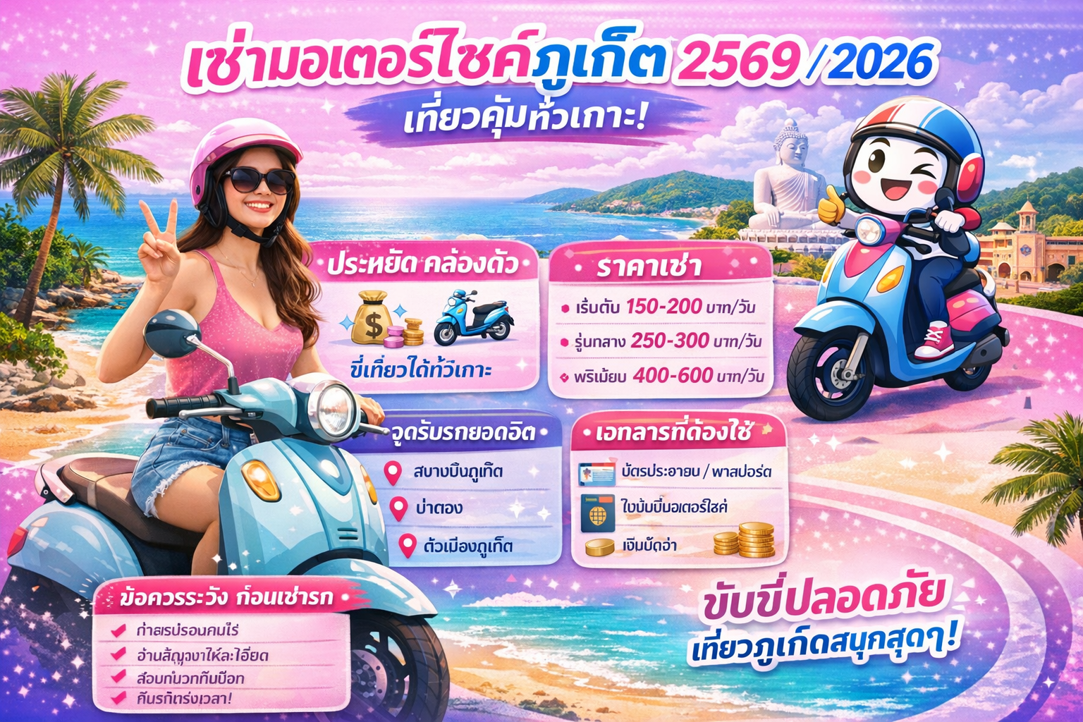 เช่ามอเตอร์ไซค์ภูเก็ต ปี 2569 2026 ราคาเริ่มต้น 150 บาทต่อวัน เที่ยวสะดวกทั่วเกาะ รับรถใกล้สนามบินและตัวเมืองภูเก็ต