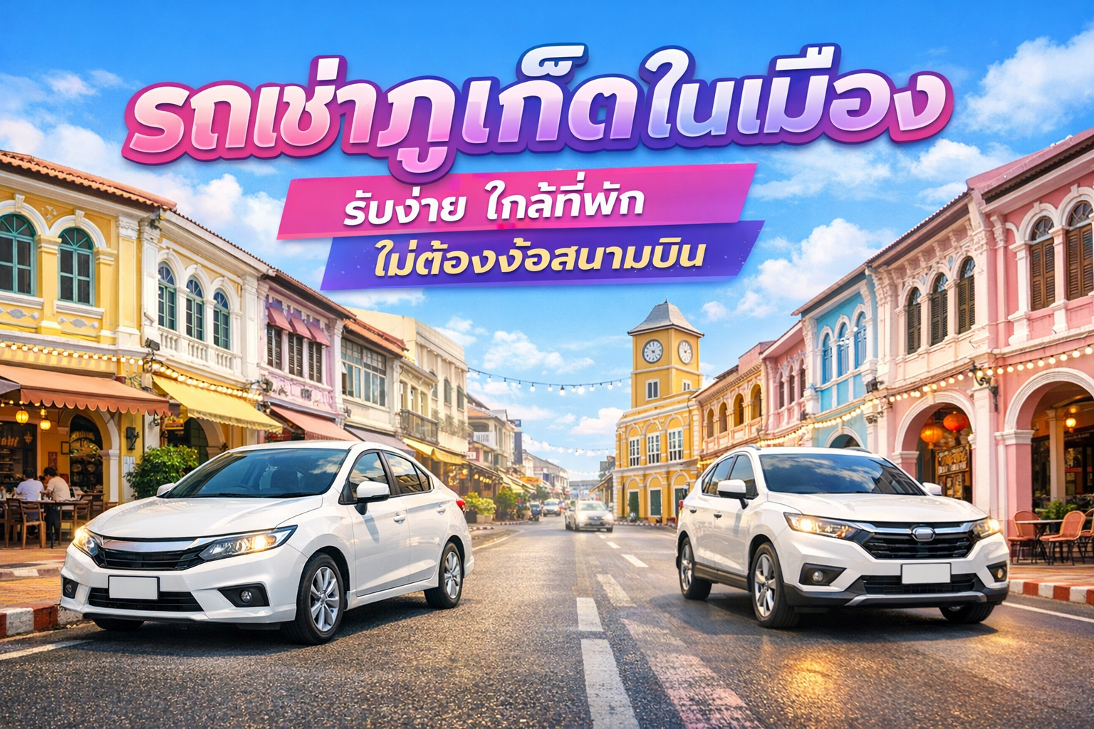 รถยนต์เช่าจอดและวิ่งในตัวเมืองภูเก็ต บรรยากาศเมืองเก่าภูเก็ต เหมาะสำหรับนักท่องเที่ยวที่ต้องการเช่ารถใกล้ที่พัก ไม่ต้องเดินทางไปสนามบิน