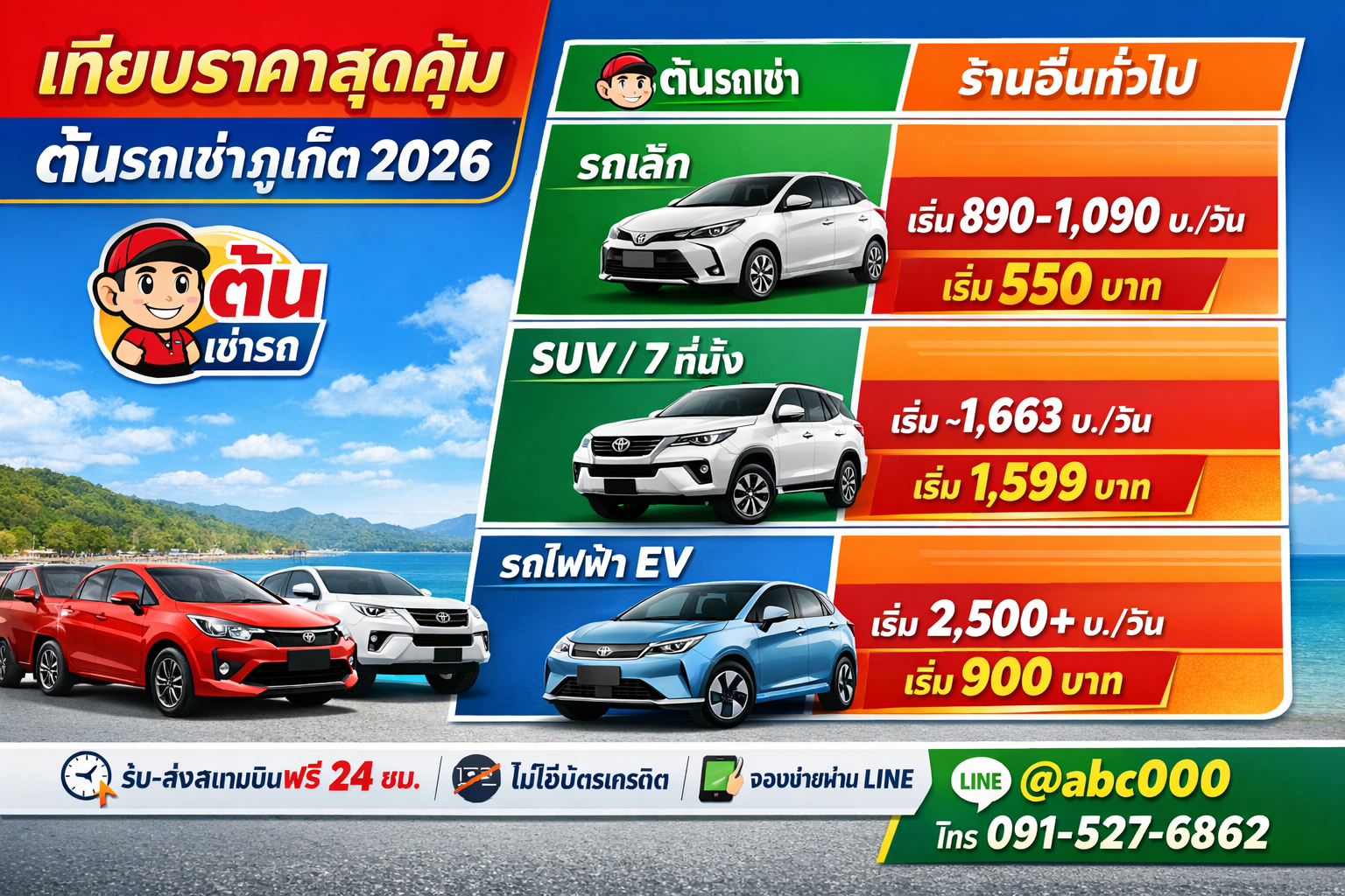 ภาพเปรียบเทียบราคาเช่ารถภูเก็ตปี 2026 ระหว่างร้านต้นรถเช่าภูเก็ตกับร้านรถเช่าอื่น แสดงราคารถเล็ก SUV และรถไฟฟ้า EV พร้อมบริการรับส่งสนามบินฟรี 24 ชั่วโมง