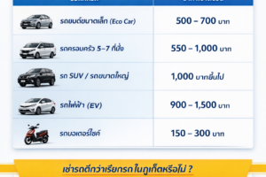 ราคาตัวอย่างการเช่ารถในภูเก็ต รถยนต์ รถ SUV รถไฟฟ้า และมอเตอร์ไซค์ เริ่มต้น 150 บาทต่อวัน เปรียบเทียบค่าเช่ารถกับค่าแท็กซี่ในภูเก็ต
