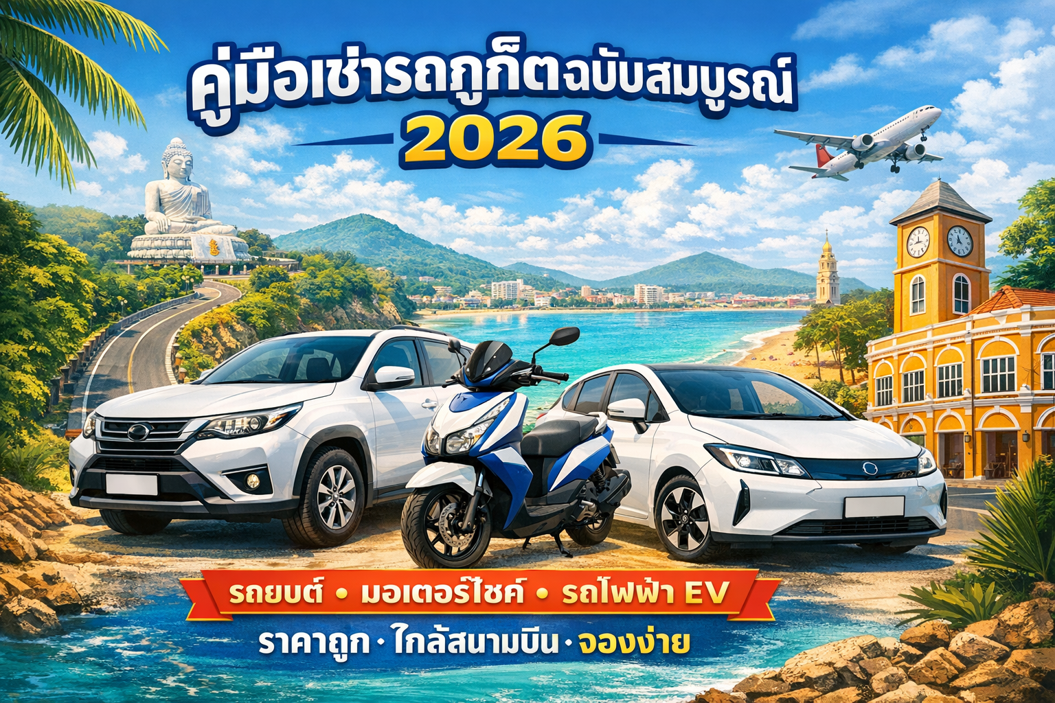 คู่มือเช่ารถภูเก็ตฉบับสมบูรณ์ 2026 แนะนำการเช่ารถในภูเก็ต รถยนต์ มอเตอร์ไซค์ และรถไฟฟ้า EV ใกล้สนามบินภูเก็ต
