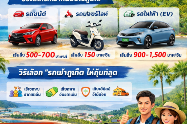 อินโฟกราฟิกรถเช่าภูเก็ตราคาถูก 2026 แสดงรถยนต์ รถมอเตอร์ไซค์ และรถไฟฟ้า พร้อมราคาและข้อมูลการเลือกเช่ารถในภูเก็ต