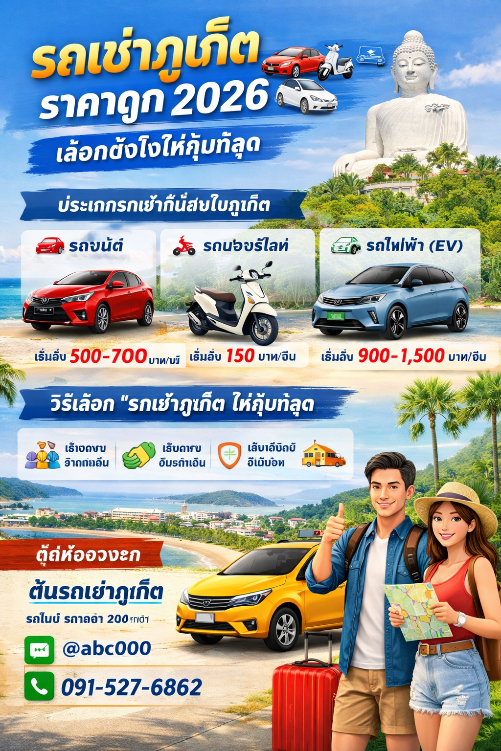 อินโฟกราฟิกรถเช่าภูเก็ตราคาถูก 2026 แสดงรถยนต์ รถมอเตอร์ไซค์ และรถไฟฟ้า พร้อมราคาและข้อมูลการเลือกเช่ารถในภูเก็ต