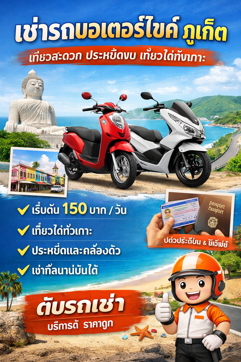 เช่ารถมอเตอร์ไซค์ภูเก็ต ราคาเริ่มต้น 150 บาทต่อวัน เที่ยวสะดวกทั่วเกาะ
