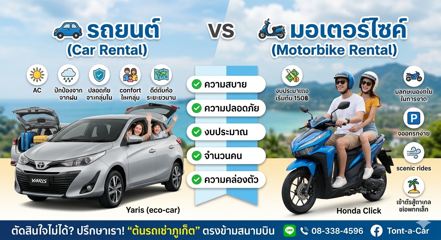 เปรียบเทียบเช่ารถยนต์ vs เช่ามอเตอร์ไซค์ ภูเก็ต เลือกแบบไหนคุ้มกว่ากัน สำหรับนักท่องเที่ยวที่มาภูเก็ตครั้งแรก โดยต้นรถเช่าภูเก็ต