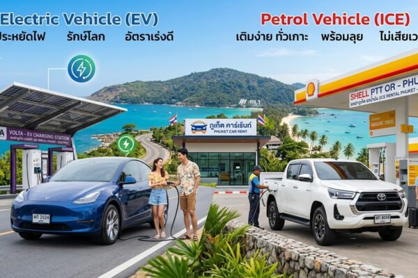 ภาพกราฟิกเปรียบเทียบระหว่างรถไฟฟ้า (EV) สีน้ำเงินที่จุดชาร์จไฟ และรถน้ำมัน (ICE) สีขาวที่ปั๊มน้ำมัน โดยมีฉากหลังเป็นวิวทะเลและภูเขาที่สวยงามของภูเก็ต พร้อมข้อความสรุปจุดเด่นของรถแต่ละประเภท