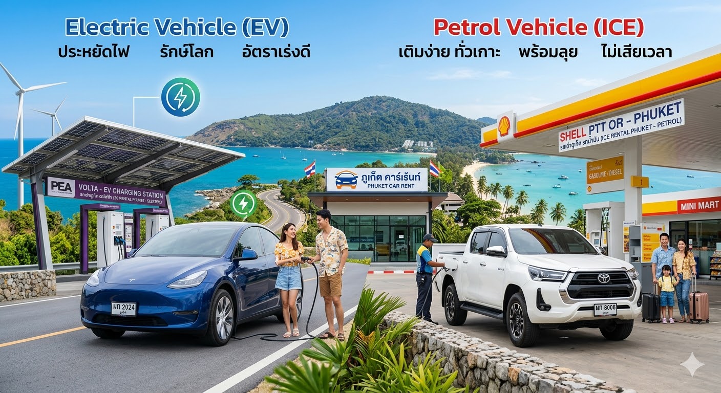 ภาพกราฟิกเปรียบเทียบระหว่างรถไฟฟ้า (EV) สีน้ำเงินที่จุดชาร์จไฟ และรถน้ำมัน (ICE) สีขาวที่ปั๊มน้ำมัน โดยมีฉากหลังเป็นวิวทะเลและภูเขาที่สวยงามของภูเก็ต พร้อมข้อความสรุปจุดเด่นของรถแต่ละประเภท