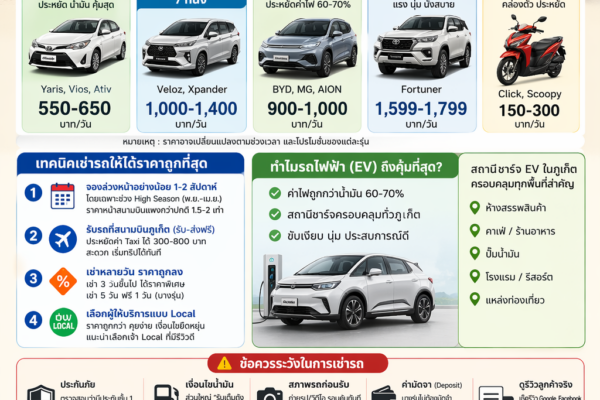 อินโฟกราฟิกเช่ารถภูเก็ตราคาถูก 2026 แสดงราคา Eco Car 550 บาท รถไฟฟ้า 900 บาท และมอเตอร์ไซค์ 150 บาท พร้อมเทคนิคจองรถและบริการรับส่งสนามบิน
