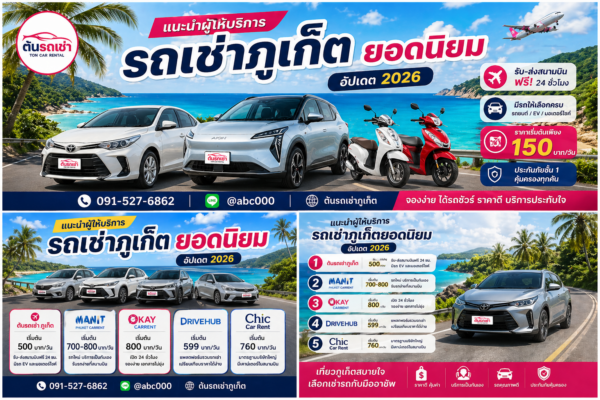 อินโฟกราฟิกแนะนำผู้ให้บริการรถเช่าภูเก็ตยอดนิยมปี 2026 เปรียบเทียบราคาและจุดเด่นของแต่ละเจ้า เช่น ต้นรถเช่าภูเก็ต Drivehub และ Chic Car Rent