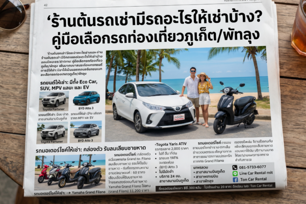 รูปภาพบทความแนะนำรถเช่าของร้านต้นรถเช่าภูเก็ต แสดงภาพรถเก๋งสีขาว รถมอเตอร์ไซค์ และนักท่องเที่ยวบนพื้นหลังชายหาด พร้อมรายละเอียดรุ่นรถและช่องทางการติดต่อ