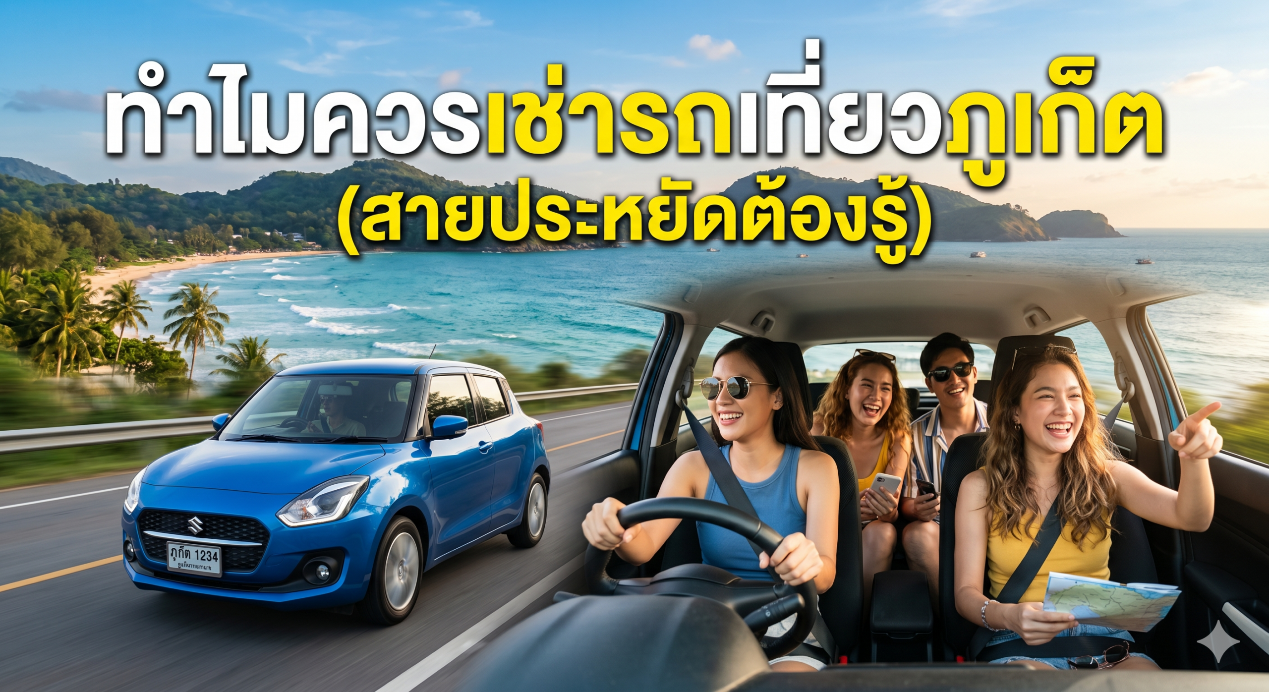 อินโฟกราฟิกวางแผนเช่ารถเที่ยวภูเก็ตงบน้อย แสดงตัวเลือกรถเช่า ราคาเริ่มต้น 500–650 บาทต่อวัน พร้อมแผนเที่ยว 3 วัน 2 คืน และสรุปงบประมาณรวมประมาณ 1,900 บาท สำหรับ 2 คน