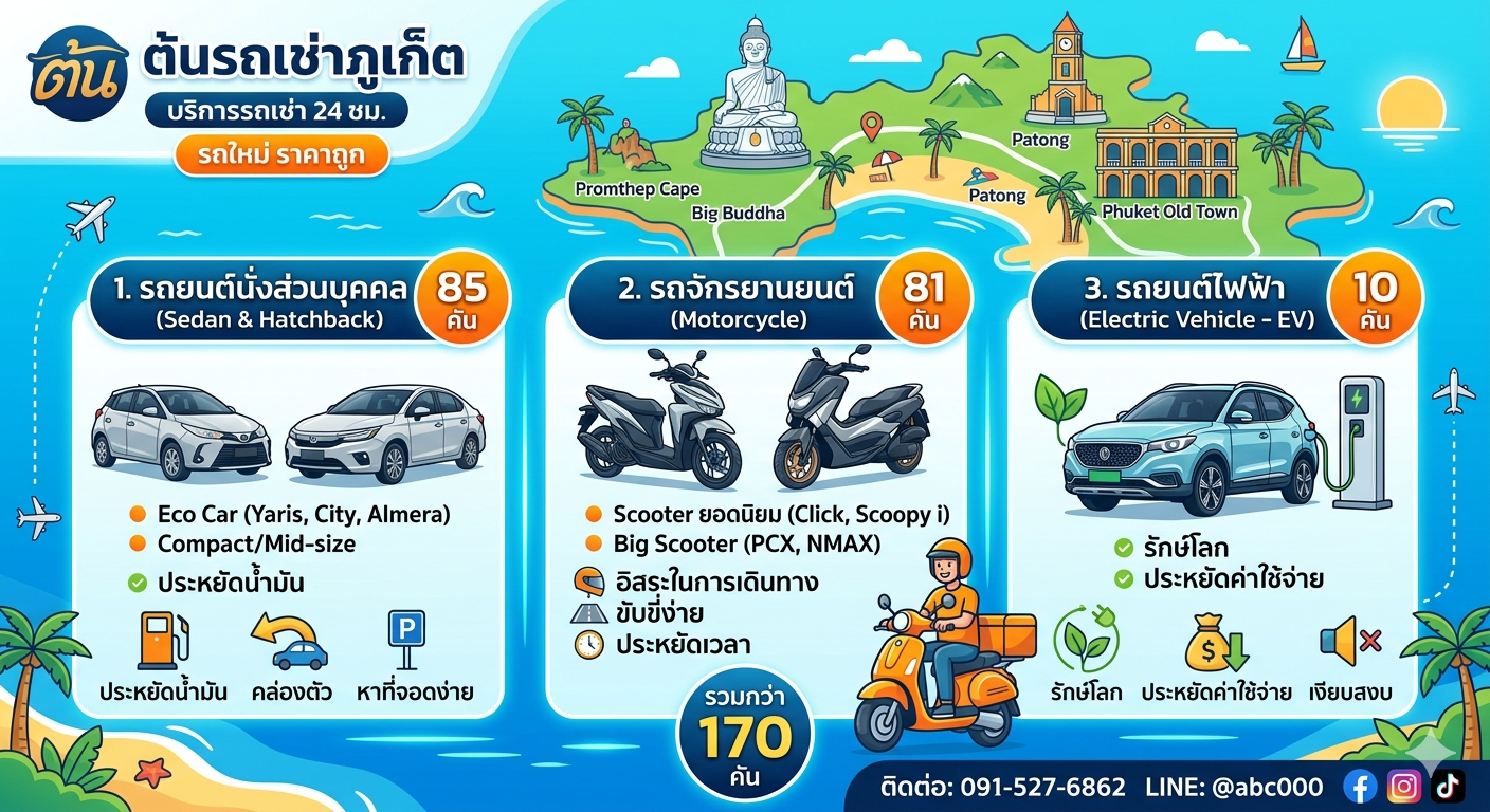 หน้าปกอินโฟกราฟิกสำหรับการเช่ารถในภูเก็ตชื่อ "ต้นรถเช่าภูเก็ต" และรายการรถต่าง ๆ ที่มีให้บริการสำหรับการเช่า ซึ่งประกอบด้วย รถยนต์นั่งส่วนบุคคล (Sedan & Hatchback): 85 คัน รถจักรยานยนต์ (Motorcycle): 81 คัน รถยนต์ไฟฟ้า (Electric Vehicle - EV): 10 คัน