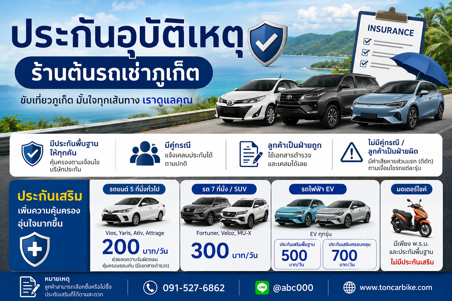 ข้อความ Alt: **ภาพประกอบบทความประกันอุบัติเหตุร้านต้นรถเช่าภูเก็ต แสดงรถเช่าหลายรุ่น พร้อมข้อมูลประกันพื้นฐาน ประกันเสริม และช่องทางติดต่อ 091-527-6862 LINE @abc000**