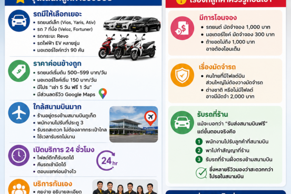 อินโฟกราฟิกสรุปรีวิวร้านต้นรถเช่าภูเก็ต แสดงจุดเด่นเรื่องรถเช่าราคาถูก ใกล้สนามบินภูเก็ต เปิดบริการ 24 ชั่วโมง มีรถยนต์และมอเตอร์ไซค์หลายรุ่น พร้อมบริการรับส่งสนามบินฟรี