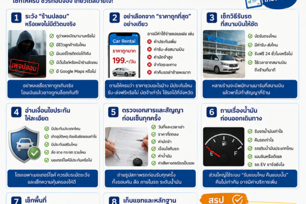 อินโฟกราฟิกแนะนำข้อควรระวังในการเช่ารถออนไลน์ในภูเก็ต มีภาพรถยนต์ ถนนริมทะเล และหัวข้อสำคัญเกี่ยวกับการตรวจสอบร้านเช่ารถ ประกันภัย การรับรถ และการอ่านสัญญาก่อนเช่า เหมาะสำหรับนักท่องเที่ยวที่ต้องการเช่ารถอย่างปลอดภัยในปี 2026
