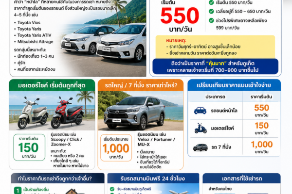 รถเช่าภูเก็ต ต้นรถเช่า ราคาเริ่มต้น 550 บาทต่อวัน พร้อมบริการรับส่งสนามบินฟรี 24 ชั่วโมง