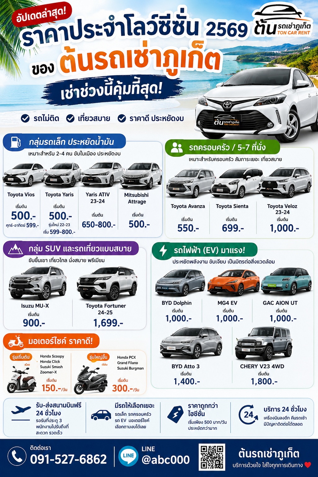อินโฟกราฟิกราคาค่าเช่ารถช่วงโลว์ซีซั่นปี 2569 ของต้นรถเช่าภูเก็ต แสดงรถยนต์ รถ SUV รถไฟฟ้า EV และมอเตอร์ไซค์ พร้อมราคาเริ่มต้น บริการรับส่งสนามบินฟรี 24 ชั่วโมง และช่องทางติดต่อร้าน