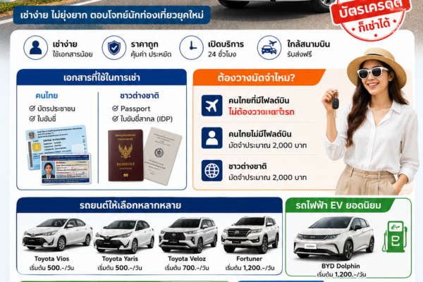 อินโฟกราฟิกต้นรถเช่าภูเก็ต โปรโมตบริการเช่ารถภูเก็ตไม่มีบัตรเครดิตก็เช่าได้ พร้อมรถยนต์ รถไฟฟ้า และมอเตอร์ไซค์หลายรุ่น ใกล้สนามบินภูเก็ต รับส่งฟรี 24 ชั่วโมง