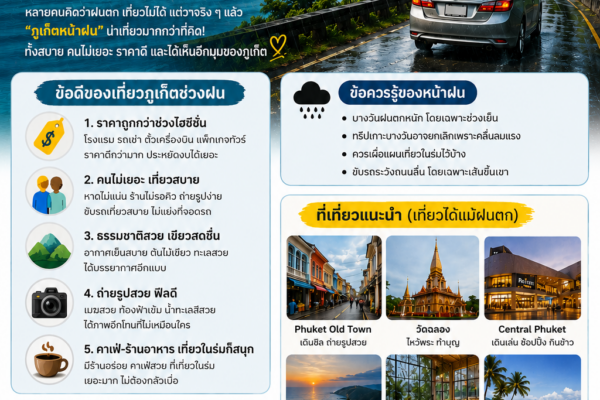 อินโฟกราฟิกเที่ยวภูเก็ตช่วงหน้าฝน พร้อมภาพรถเช่าขับเลียบทะเล วิวภูเขาและทะเลภูเก็ต บอกข้อดีของการเที่ยวหน้าฝน สถานที่เที่ยวแนะนำ และบริการของร้านต้นรถเช่าภูเก็ต