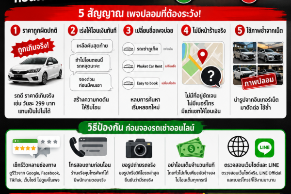 อินโฟกราฟิกเตือนภัยเพจปลอมรถเช่าภูเก็ต แสดงตัวอย่างเพจจริงและเพจปลอม พร้อมวิธีสังเกตมิจฉาชีพออนไลน์ เช่น หลอกโอนเงินมัดจำ ไม่มีหน้าร้านจริง และใช้ภาพรถปลอม รวมถึงวิธีป้องกันก่อนจองรถเช่าออนไลน์