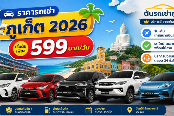 รถเช่าภูเก็ต 2026 จากต้นรถเช่าภูเก็ต แสดงรถ Toyota Yaris, Toyota Vios, Toyota Veloz, Toyota Fortuner และ BYD Atto 3 พร้อมฉากสนามบินภูเก็ต ชายหาด เมืองเก่าภูเก็ต และพระใหญ่ภูเก็ต โปรโมทราคาเริ่มต้น 599 บาทต่อวัน รับ-คืนใกล้สนามบิน บริการตลอด 24 ชั่วโมง.