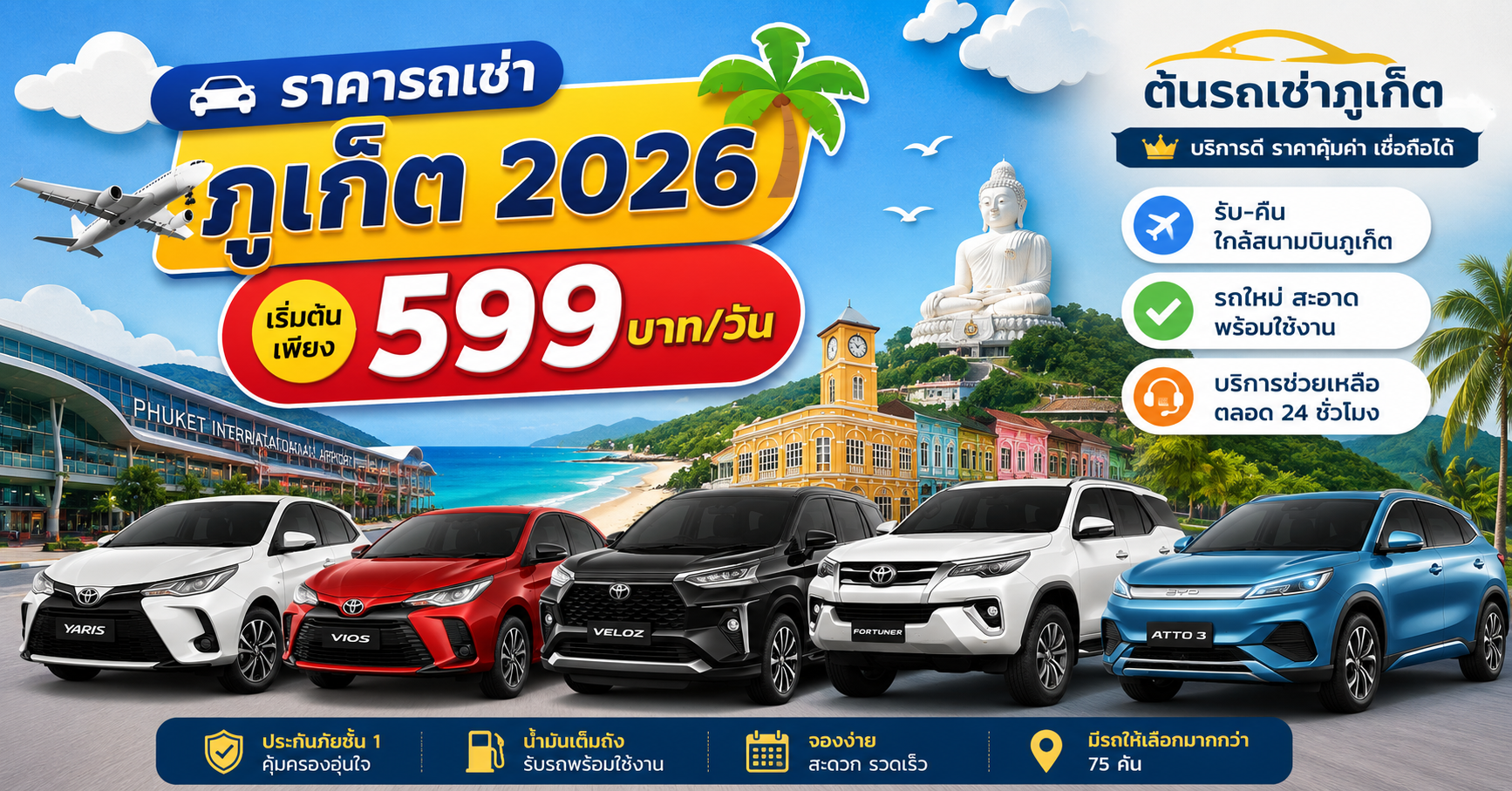 รถเช่าภูเก็ต 2026 จากต้นรถเช่าภูเก็ต แสดงรถ Toyota Yaris, Toyota Vios, Toyota Veloz, Toyota Fortuner และ BYD Atto 3 พร้อมฉากสนามบินภูเก็ต ชายหาด เมืองเก่าภูเก็ต และพระใหญ่ภูเก็ต โปรโมทราคาเริ่มต้น 599 บาทต่อวัน รับ-คืนใกล้สนามบิน บริการตลอด 24 ชั่วโมง.
