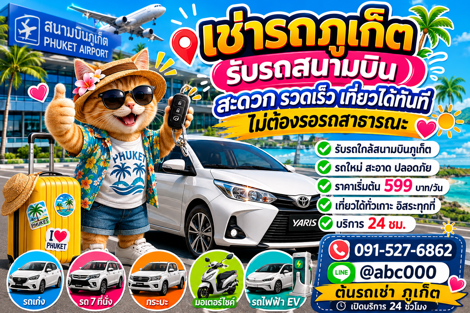 ภาพโฆษณาเช่ารถภูเก็ตรับรถสนามบิน มีแมวสวมชุดฮาวายถือกุญแจรถ ยืนหน้ารถ Toyota Yaris สีขาว พร้อมฉากหลังสนามบินภูเก็ต และข้อมูลบริการรถเช่าเปิด 24 ชั่วโมง