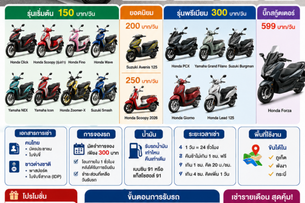 อินโฟกราฟิกรถเช่ามอเตอร์ไซค์ภูเก็ตจากต้นรถเช่าภูเก็ต แสดงรุ่นรถ ราคาเช่ารายวัน เริ่มต้น 150 บาทต่อวัน พร้อมข้อมูลการจอง เอกสารที่ใช้ โปรโมชั่น และบริการรับส่งสนามบินฟรี 24 ชั่วโมง