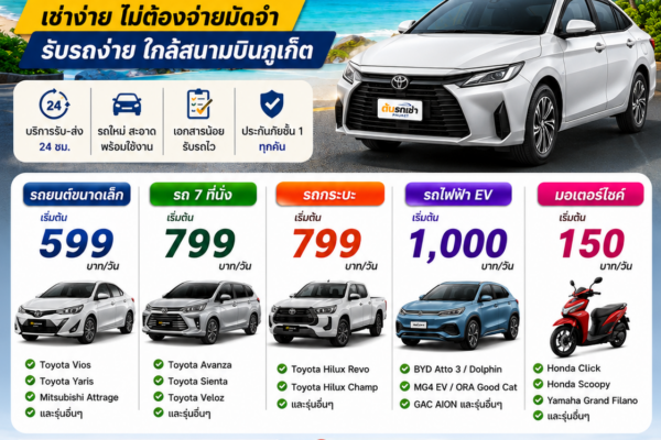 โฆษณาต้นรถเช่าภูเก็ต เช่ารถไม่มีมัดจำสำหรับลูกค้าคนไทยที่เดินทางด้วยเครื่องบิน มีรถยนต์ รถ 7 ที่นั่ง รถกระบะ รถไฟฟ้า EV และมอเตอร์ไซค์ให้เลือก พร้อมบริการรับ-ส่งใกล้สนามบินภูเก็ต 24 ชั่วโมง เบอร์ 091-527-6862 และ LINE @abc000