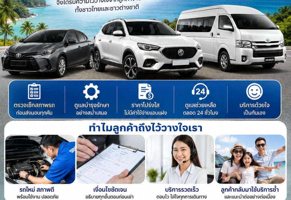โปสเตอร์ประชาสัมพันธ์ต้นรถเช่าภูเก็ต เน้นความน่าเชื่อถือในการให้บริการรถเช่า แสดงรถยนต์หลากหลายรุ่น พร้อมข้อมูลจุดเด่น เช่น รถใหม่ ราคาโปร่งใส บริการ 24 ชั่วโมง และรับส่งสนามบินฟรี