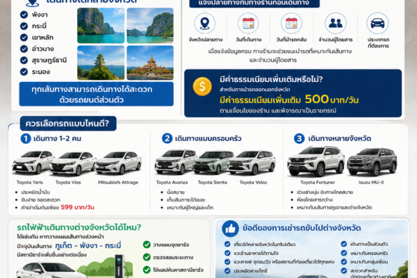 อินโฟกราฟิกเช่ารถภูเก็ตไปต่างจังหวัด พร้อมรถยนต์ แมวมาสคอต และข้อมูลการเช่ารถจากต้นรถเช่าภูเก็ต