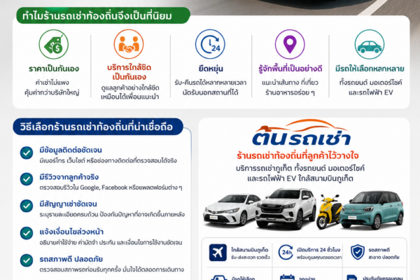 อินโฟกราฟิกแนะนำร้านรถเช่าท้องถิ่นที่น่าเชื่อถือในภูเก็ต พร้อมรถยนต์ รถมอเตอร์ไซค์ และรถไฟฟ้า EV ของต้นรถเช่า ฉากถนนเลียบทะเลภูเก็ต ใกล้สนามบินภูเก็ต แสดงข้อดีของร้านรถเช่าท้องถิ่น วิธีเลือกร้านที่น่าเชื่อถือ และข้อมูลติดต่อสำหรับจองรถ
