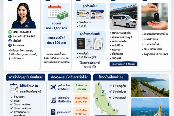 **ข้อความ Alt (Alt Text):** อินโฟกราฟิกแนะนำขั้นตอนการเช่ารถกับต้นรถเช่าภูเก็ต อธิบายการจองรถ การวางมัดจำ เอกสารที่ใช้ การรับรถและคืนรถ พร้อมข้อมูลรถเช่าราคาถูก เริ่มต้น 500 บาทต่อวัน มอเตอร์ไซค์เริ่มต้น 150 บาทต่อวัน รับส่งสนามบินฟรี 24 ชั่วโมง และบริการเช่ารถในจังหวัดภูเก็ต พังงา และกระบี่ โดยมีรูปตัวอย่างรถยนต์ รถ SUV และมอเตอร์ไซค์ประกอบ พร้อมข้อมูลติดต่อ LINE @abc000 และโทร 091-527-6862.
