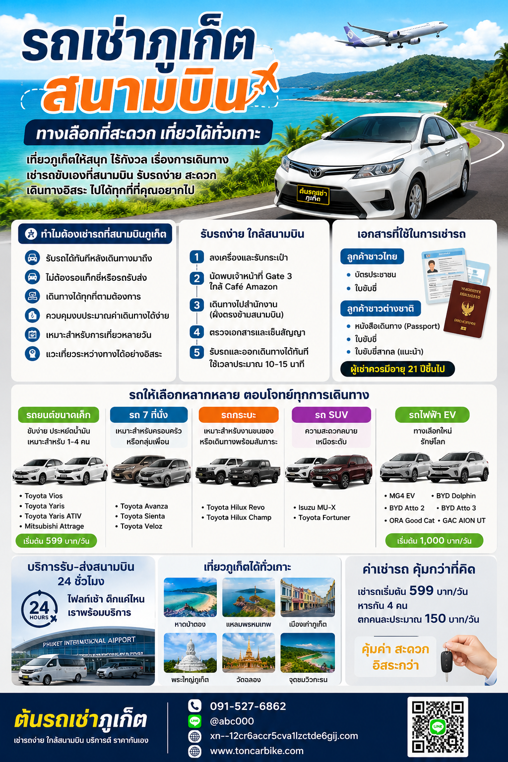 รถเช่าภูเก็ตสนามบิน ต้นรถเช่าภูเก็ต รถยนต์ รถ 7 ที่นั่ง รถ SUV และรถไฟฟ้า EV พร้อมบริการรับรถใกล้สนามบินภูเก็ต เที่ยวได้ทั่วเกาะ สะดวก รวดเร็ว ตลอด 24 ชั่วโมง ชื่อ (Title)