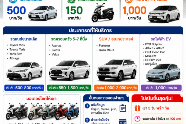 อินโฟกราฟิกแนะนำบริการต้นรถเช่าภูเก็ต 2026 แสดงรถยนต์ รถมอเตอร์ไซค์ และรถไฟฟ้า EV พร้อมราคาเริ่มต้น โปรโมชั่น และข้อมูลติดต่อ บนฉากชายหาดภูเก็ต