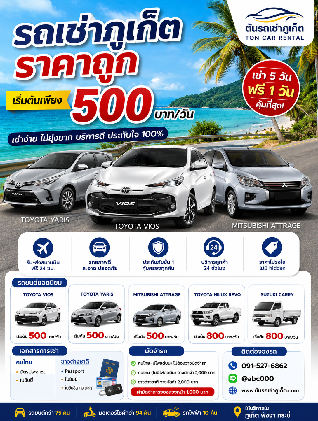 โปสเตอร์โฆษณารถเช่าภูเก็ตราคาถูกจากต้นรถเช่าภูเก็ต ราคาเริ่มต้น 500 บาทต่อวัน พร้อมรถ Toyota Vios, Toyota Yaris และ Mitsubishi Attrage รับส่งสนามบินฟรี 24 ชั่วโมง และโปรโมชั่นเช่า 5 วัน ฟรี 1 วัน