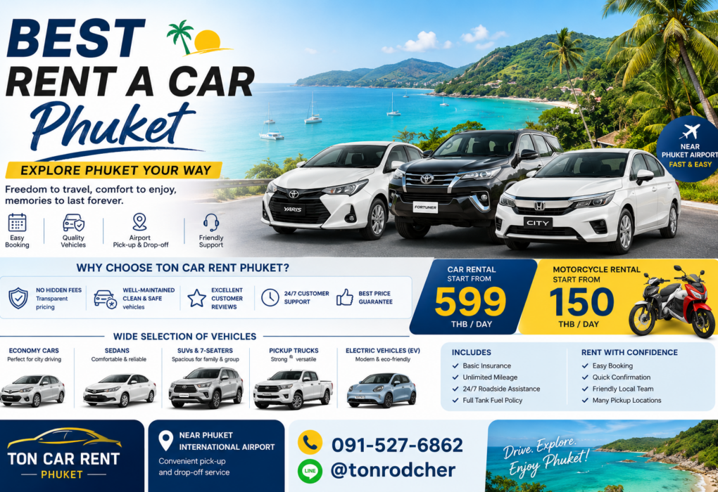 Best Rent a Car Phuket promotional banner featuring Ton Car Rent Phuket with rental cars, motorcycle, Phuket beach background, airport pickup service, and affordable daily rental prices.
