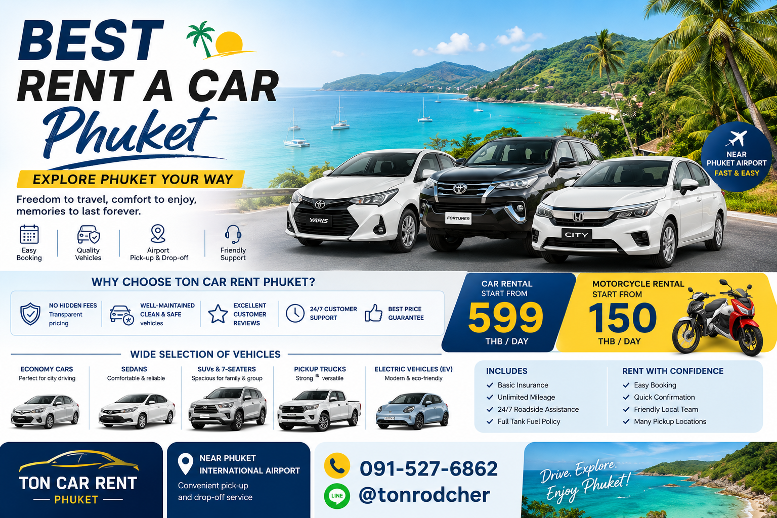 Best Rent a Car Phuket promotional banner featuring Ton Car Rent Phuket with rental cars, motorcycle, Phuket beach background, airport pickup service, and affordable daily rental prices.