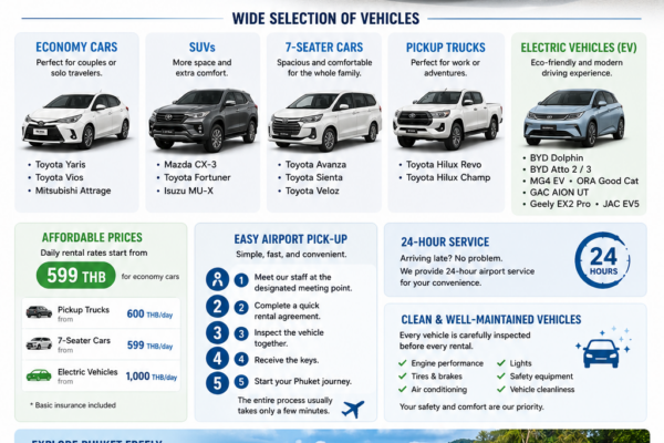 Car rental at Phuket Airport with economy cars, SUVs, 7-seater vehicles, pickup trucks, and electric vehicles, highlighting affordable prices, 24-hour service, and convenient airport pickup.
