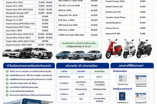 รถเช่าภูเก็ตรายเดือน ต้นรถเช่า รวมราคารถยนต์ รถยนต์ไฟฟ้า EV และมอเตอร์ไซค์ อัปเดตปี 2026 ใกล้สนามบินภูเก็ต