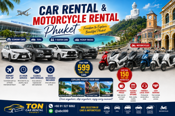 Car rental and motorcycle rental in Phuket with affordable prices, airport pickup, and a wide selection of vehicles for convenient travel across the island.